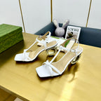 MEDIUM-HEEL SANDAL IN WHITE CALFSKIN WITH RHINSTONES