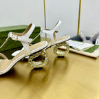 MEDIUM-HEEL SANDAL IN WHITE CALFSKIN WITH RHINSTONES