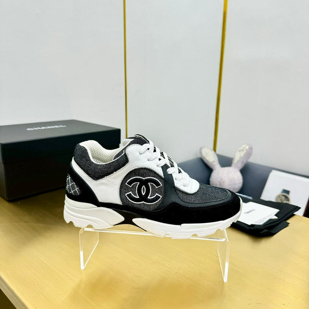 cc womens sneaker in white black wool tweed and black suede calfskin 137606