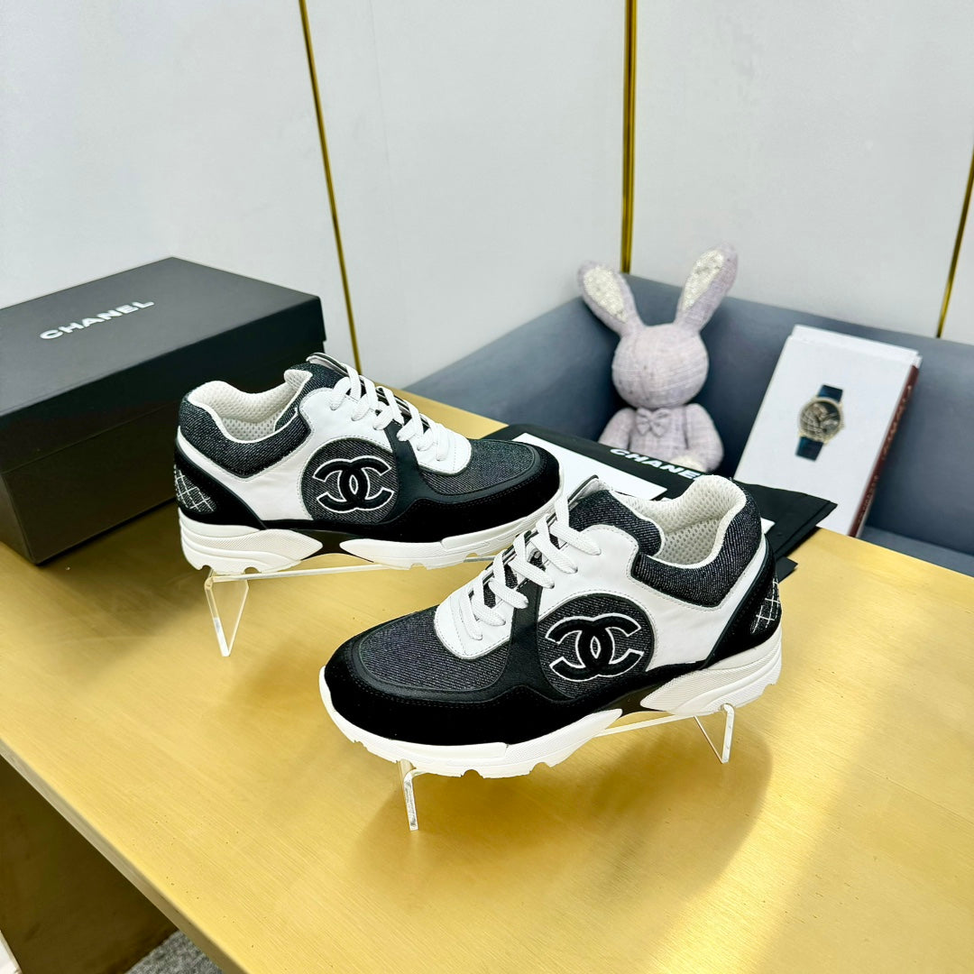 cc womens sneaker in white black wool tweed and black suede calfskin 137606