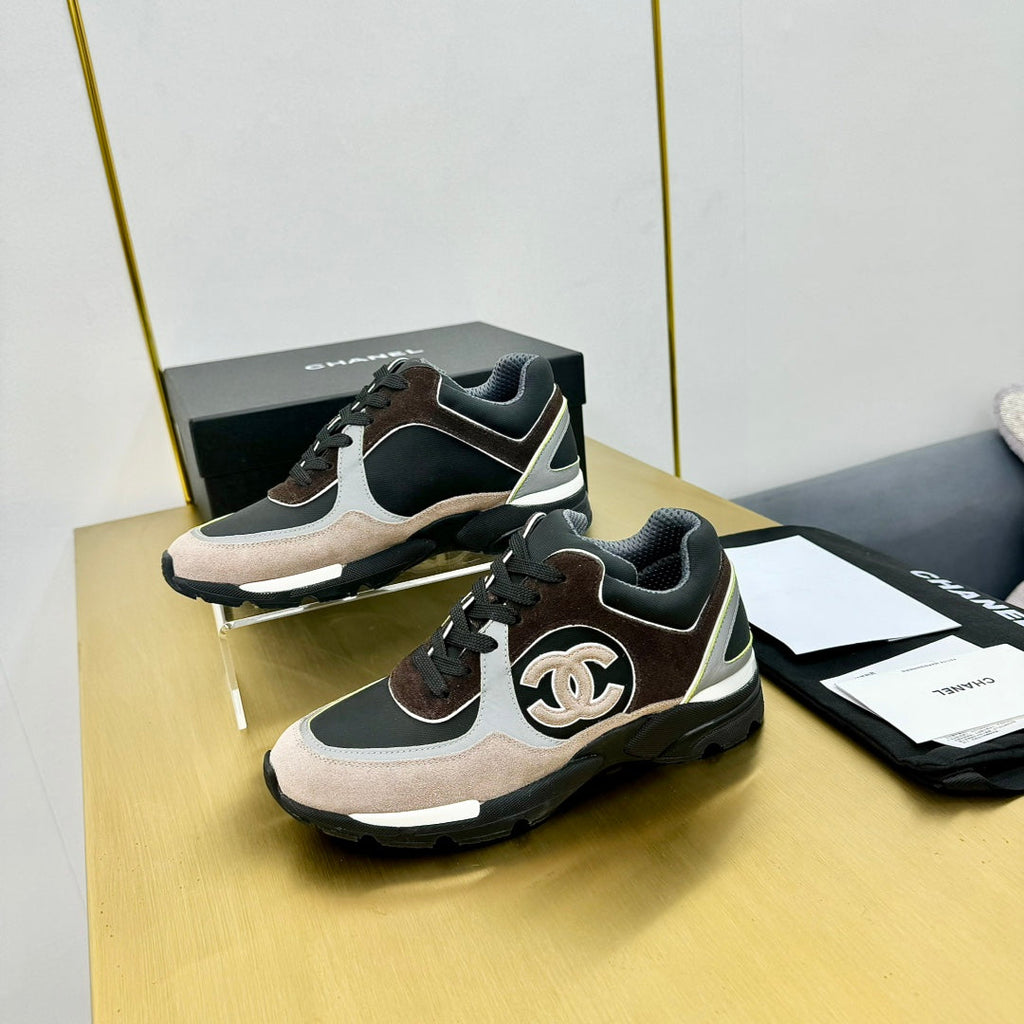 cc womens sneaker in black white calfskin and beige brown suede 137614