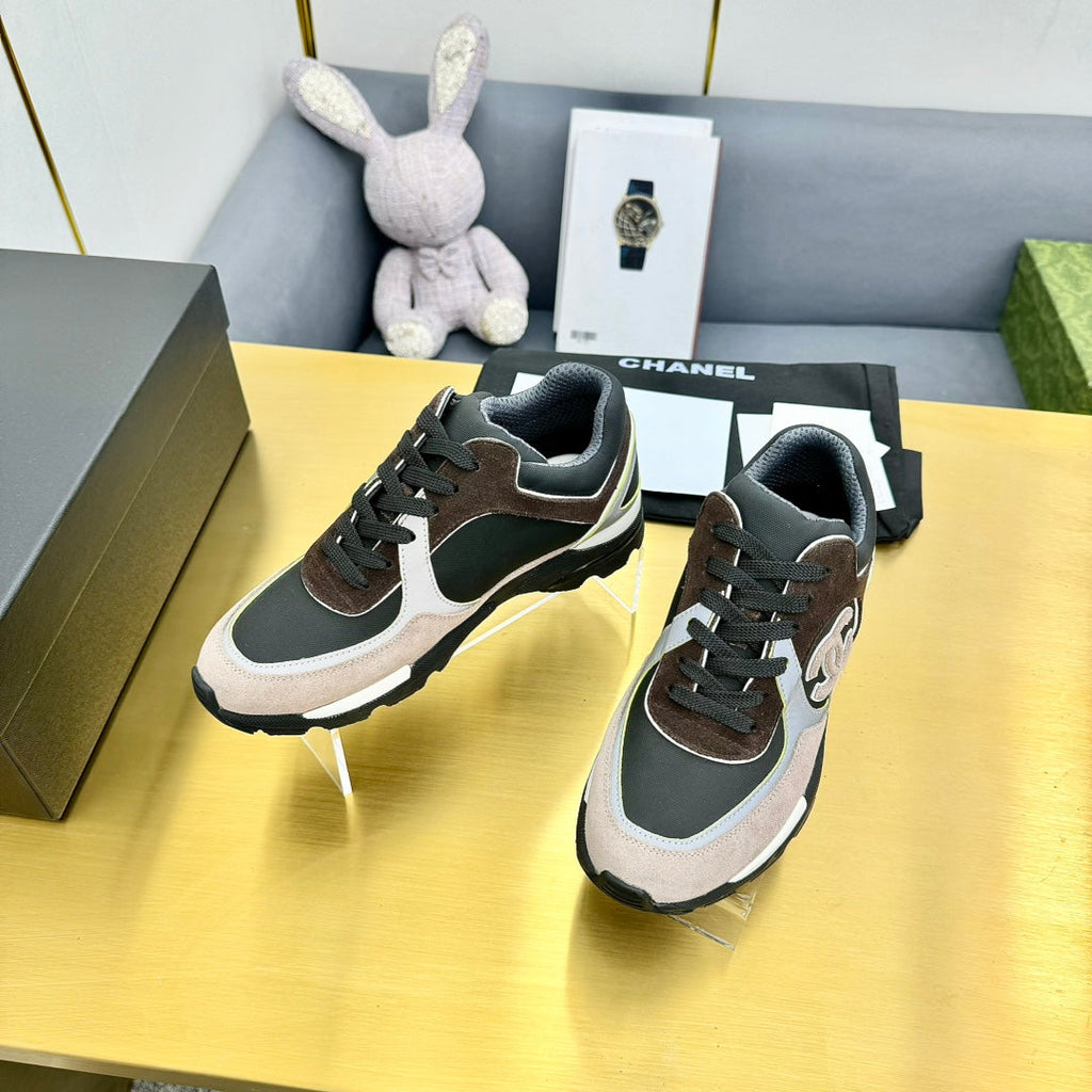 cc womens sneaker in black white calfskin and beige brown suede 137614