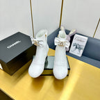 CC Bow-Adorned Rhinestone Boots White Cowhide 564596