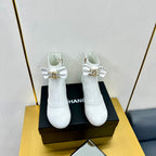 CC Bow-Adorned Rhinestone Boots White Cowhide 564596