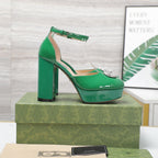 platform pump with double g green patent leather