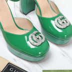 platform pump with double g green patent leather