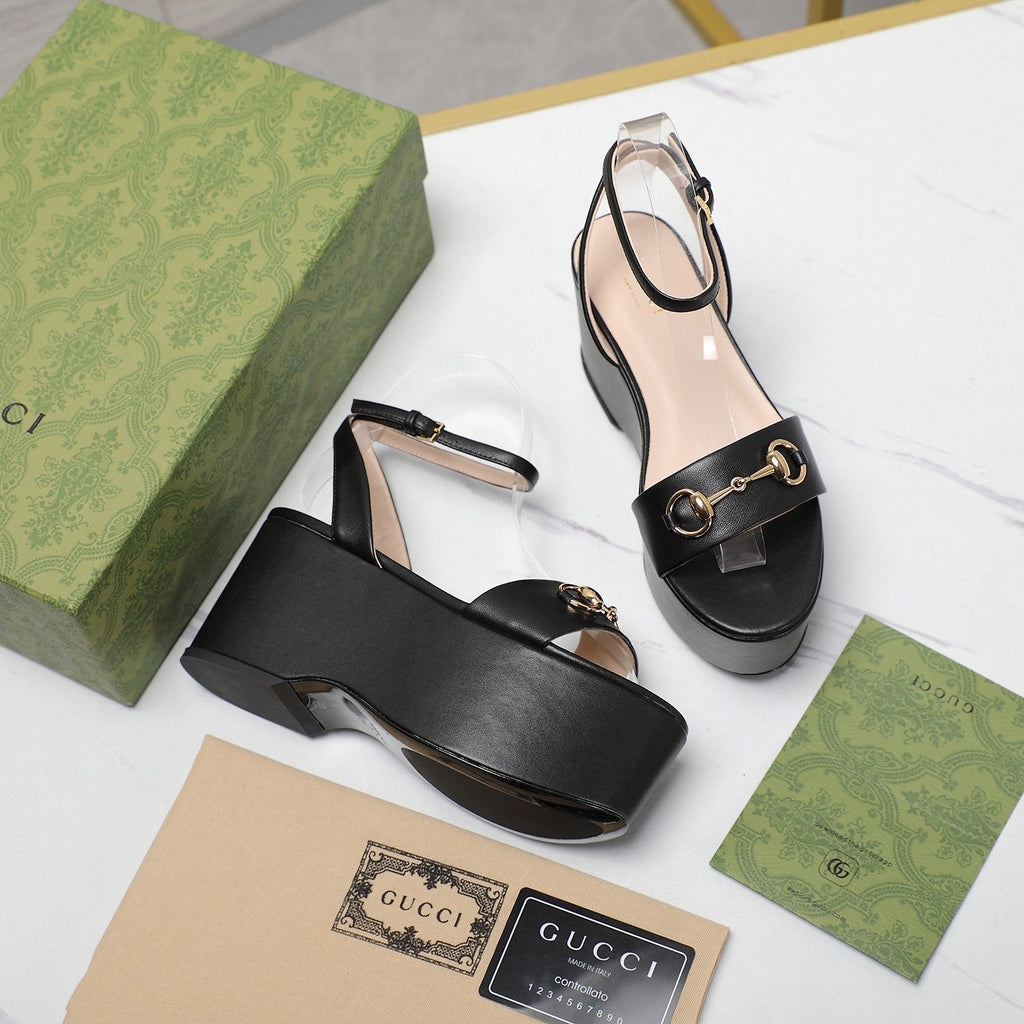 GG  Horsebit Wedges Sandals Black