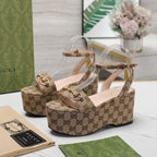 GG  Horsebit Wedges Sandals Brown