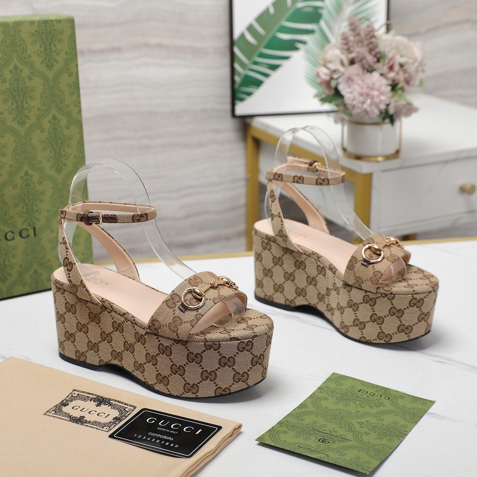 GG  Horsebit Wedges Sandals Brown