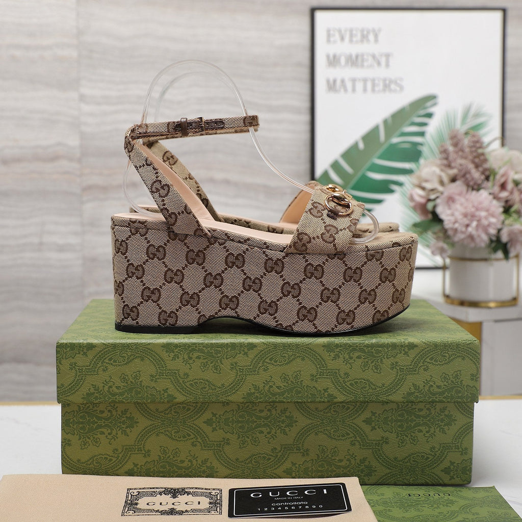 GG  Horsebit Wedges Sandals Brown