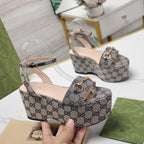GG  Horsebit Wedges Sandals Grey