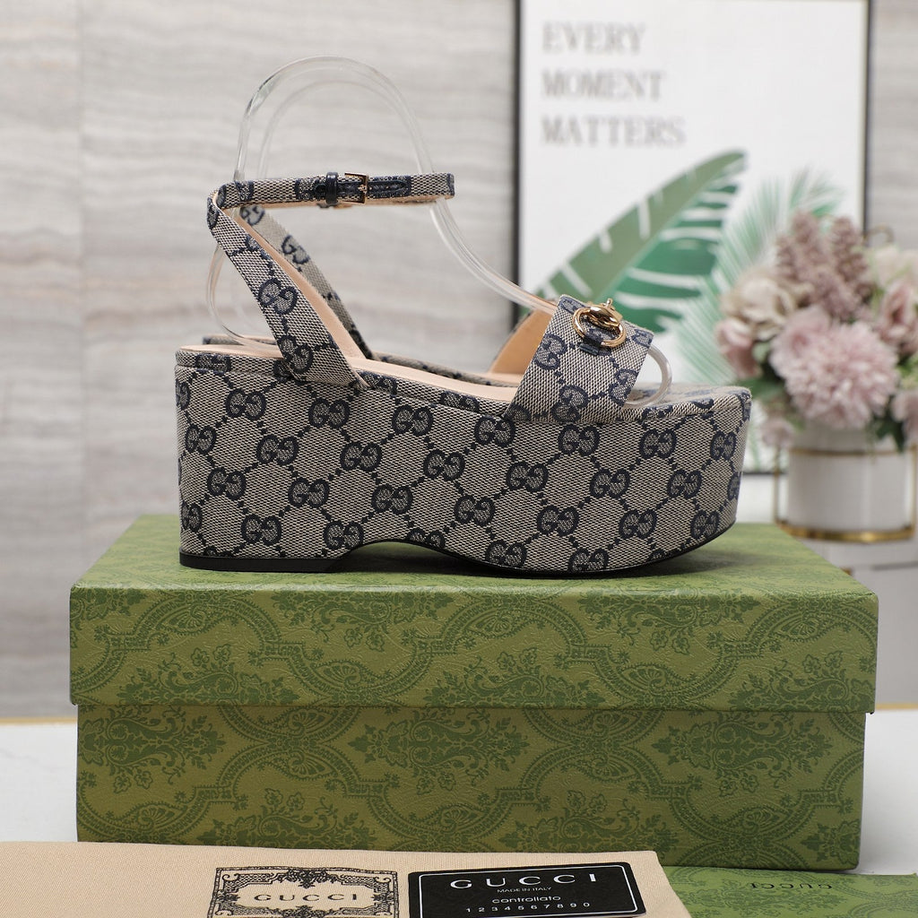GG  Horsebit Wedges Sandals Grey