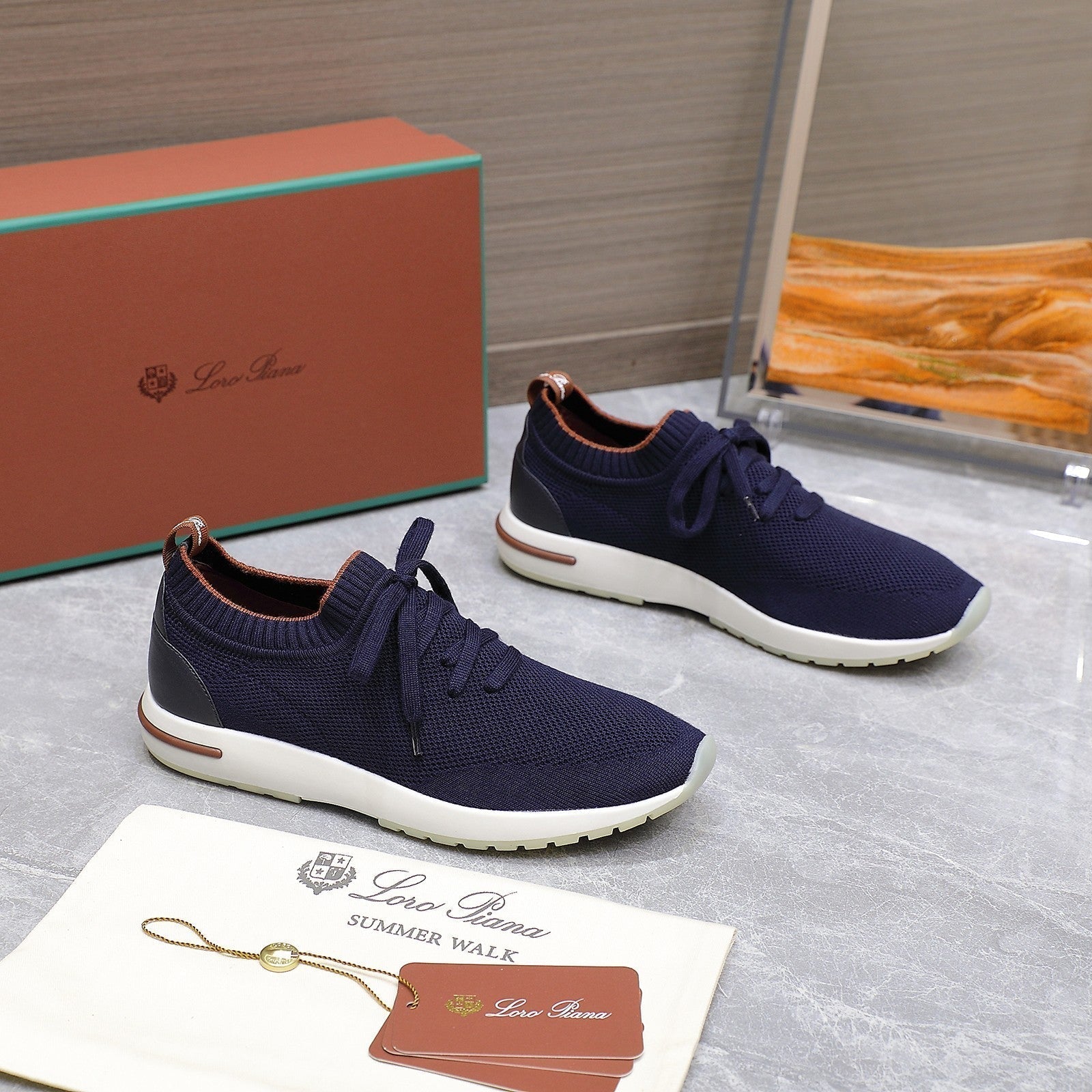 LP lady Flexy Walk Sneaker Navy Blue mix Orange Wool and Calfskin 310450