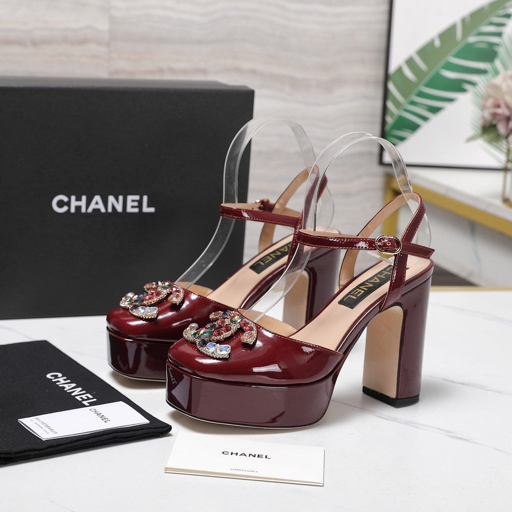 CC 25s Multicolor Stones Buckle Sandals 110mm Burgundy Patent Leather & Sheepskin 425826