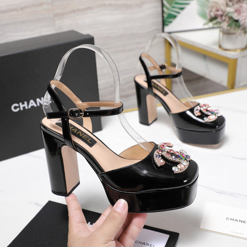 CC 25s Multicolor Stones Buckle Sandals 110mm Black Patent Leather & Sheepskin 425827