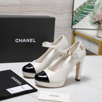 CC Buckle Platform Pumps 100mm White Lambskin 425879
