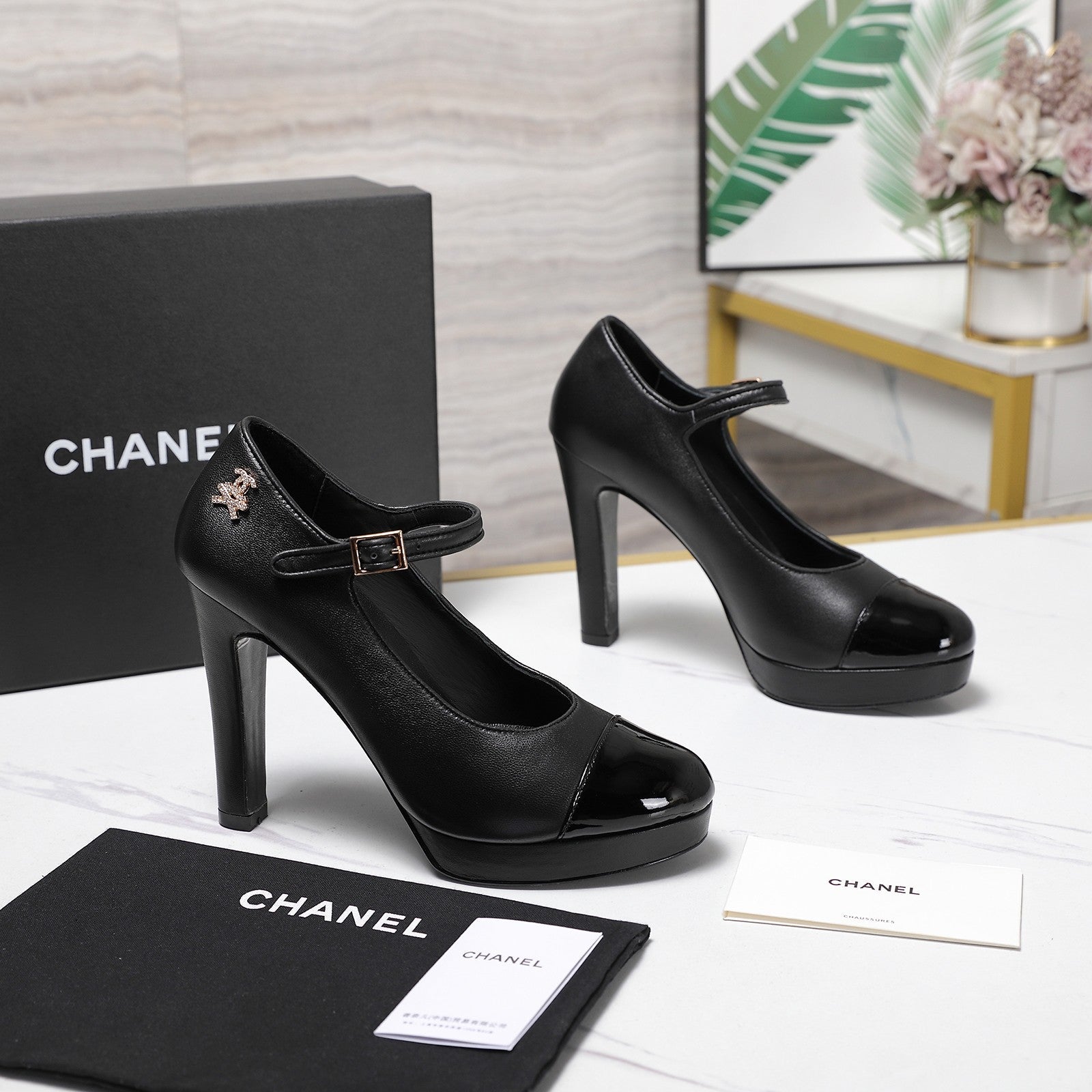 CC Buckle Platform Pumps 100mm Black Lambskin 425881