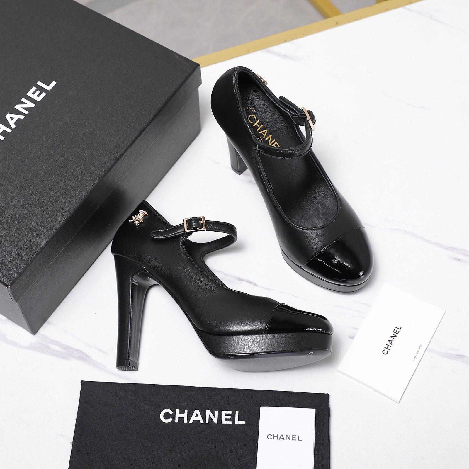 CC Buckle Platform Pumps 100mm Black Lambskin 425881