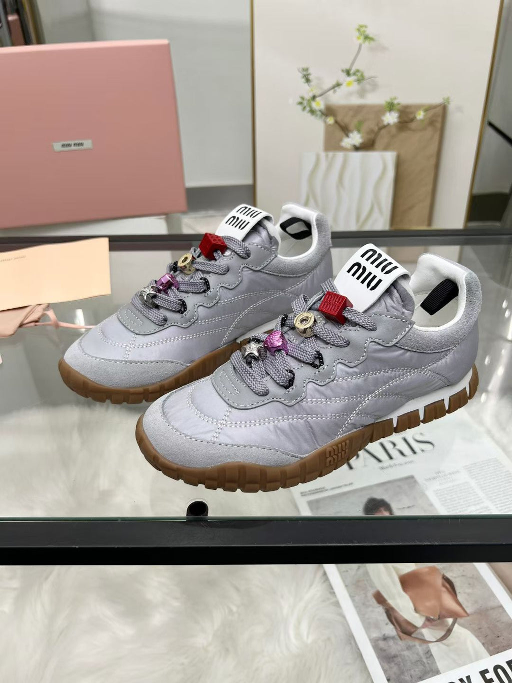 Miu TYRE Sneakers with Decorative Buckle Grey Suede Technical Fabric 456338