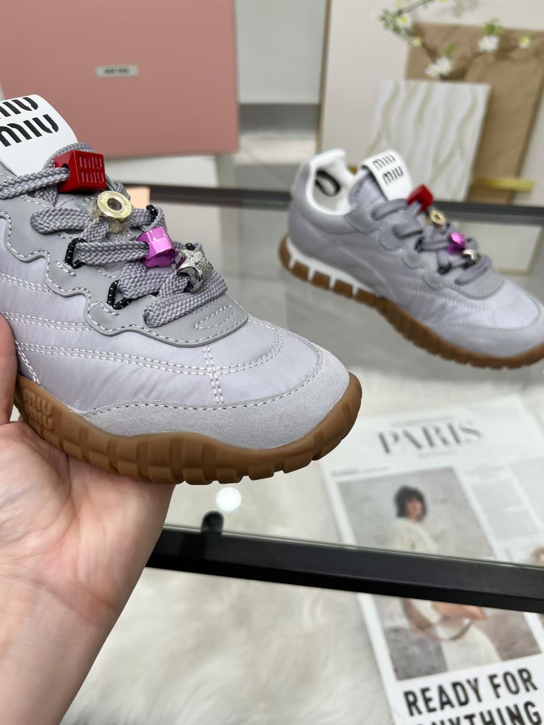 Miu TYRE Sneakers with Decorative Buckle Grey Suede Technical Fabric 456338