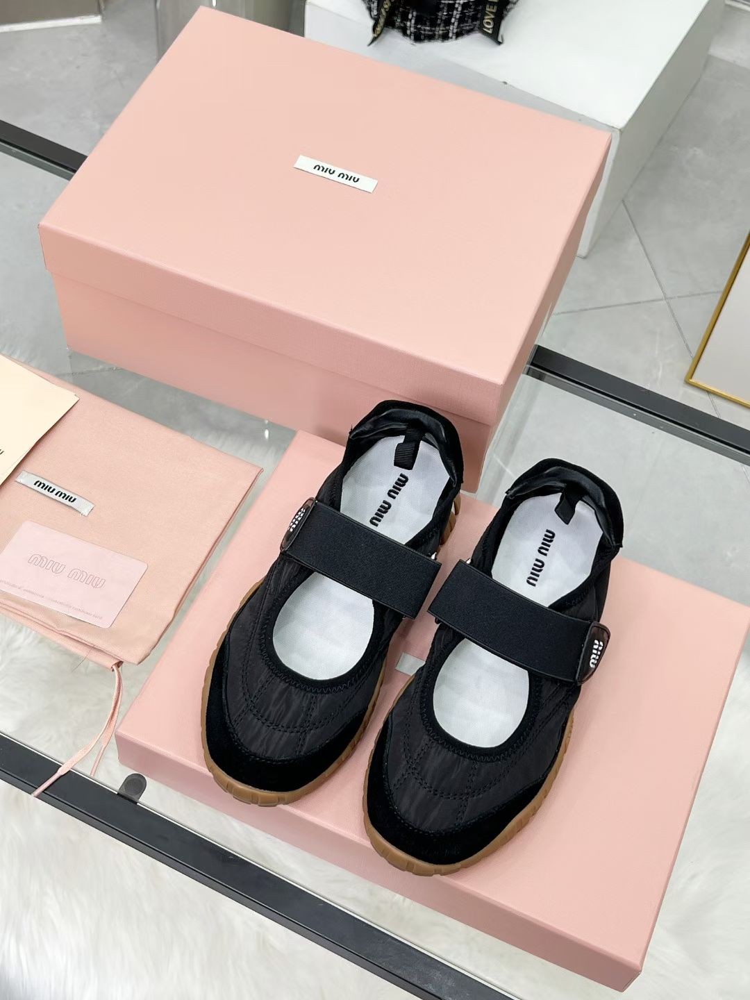 Miu Tyre Ballerina Shoes Black Suede Fabric 456339