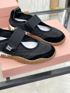 Miu Tyre Ballerina Shoes Black Suede Fabric 456339