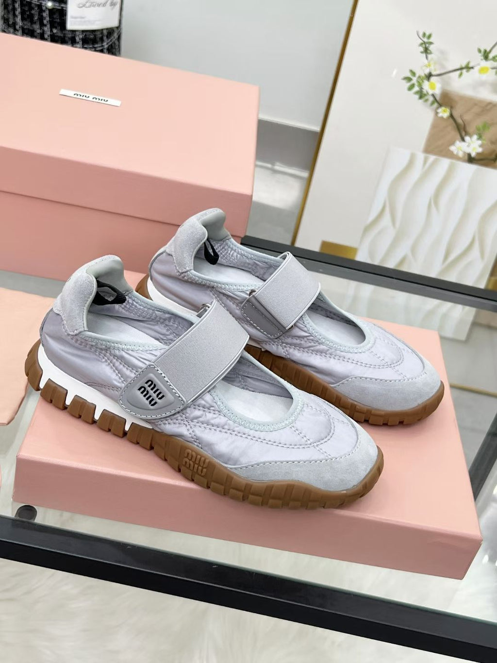 Miu Tyre Ballerina Shoes Grey Suede Fabric 456342