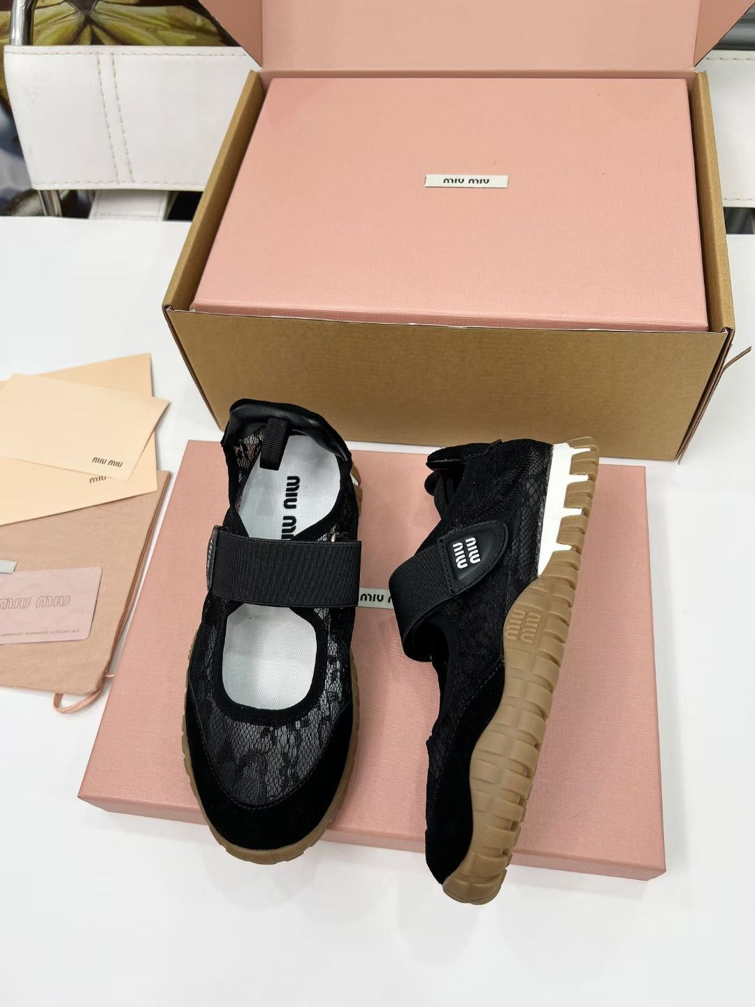 Miu Tyre Ballerina Shoes Black Suede Lace 456344