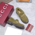 GG Women's Loafer Horsebit Olive Green Suede Shearing 547323