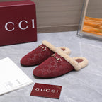 GG Horsebit Mules with Burgundy Insole Suede Shearing 547329