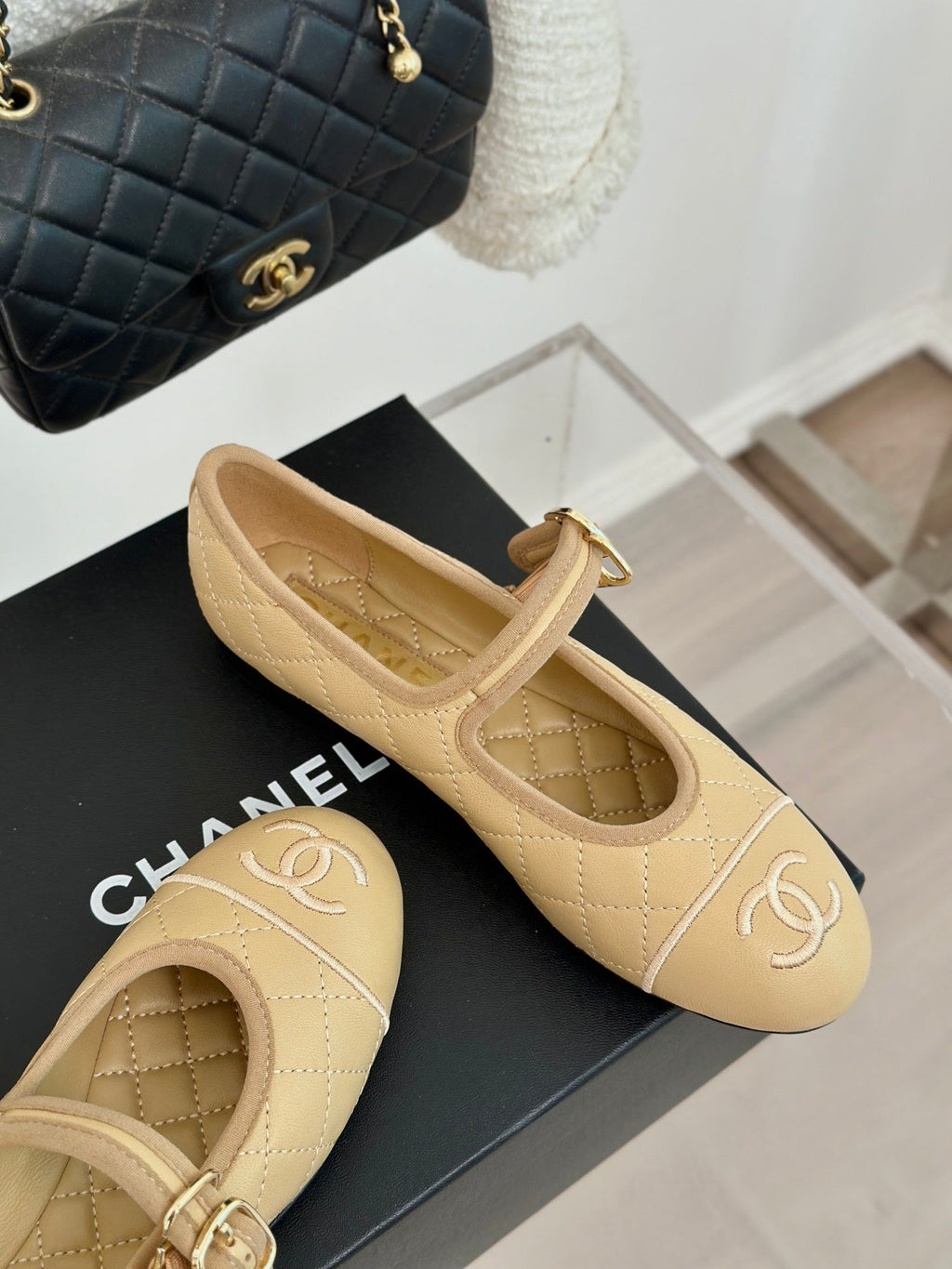 mary jane beige quilted lambskin