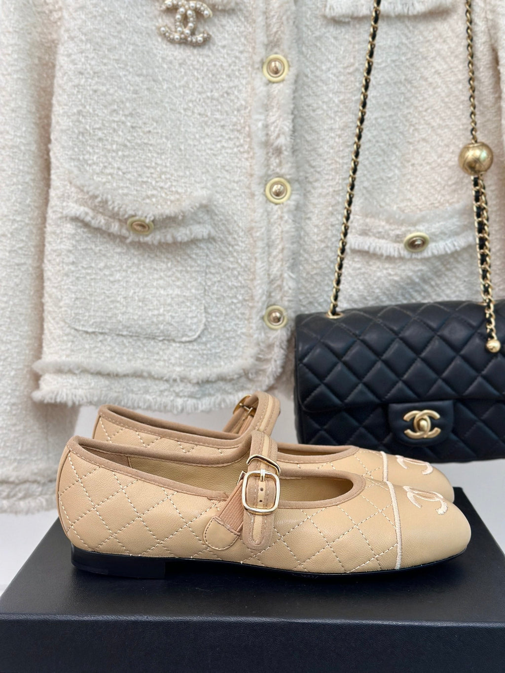 mary jane beige quilted lambskin