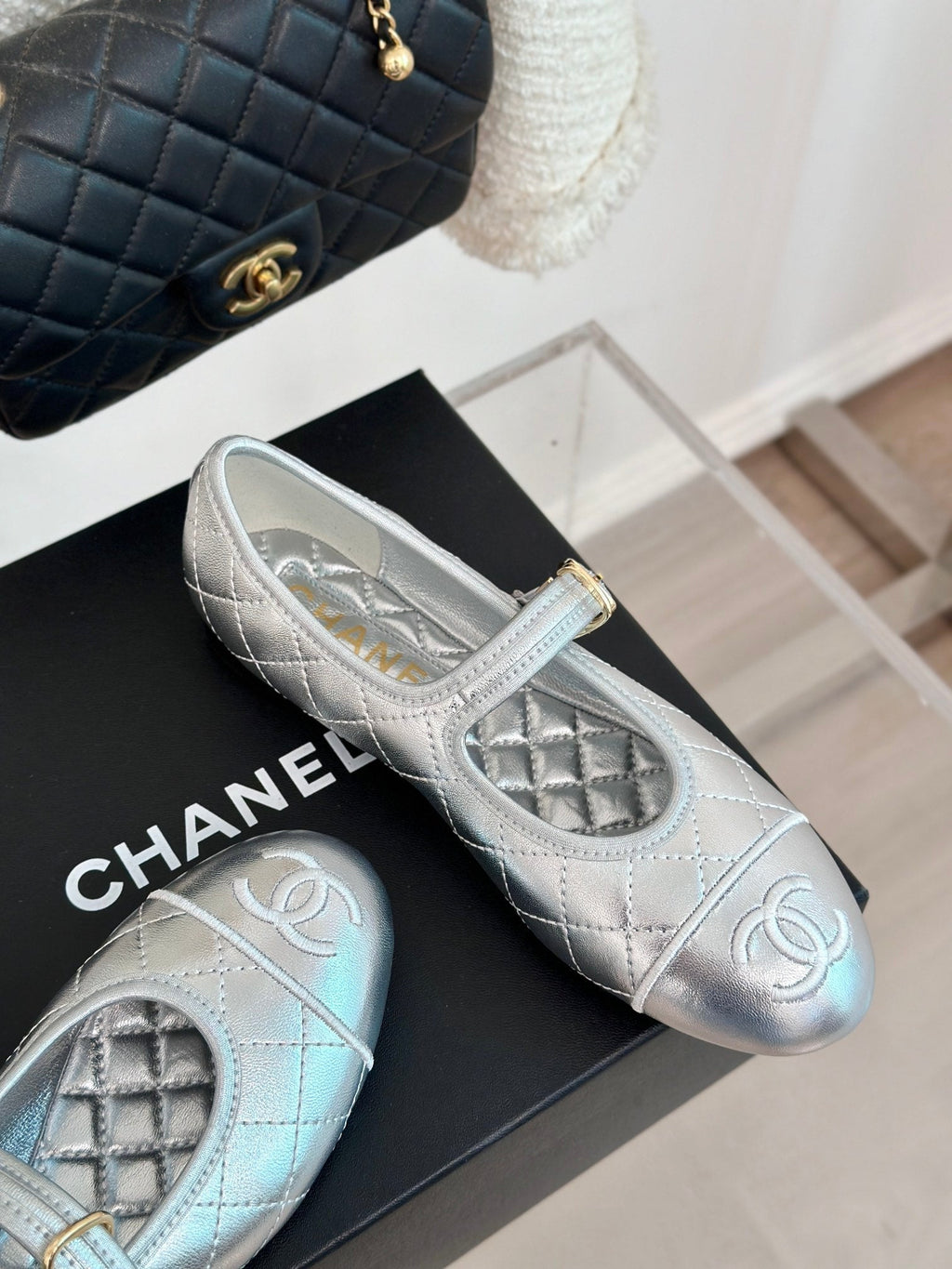 mary jane silver metalic quilted lambskin