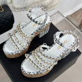 cc leather chain slingback sandal white black calfskin