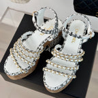 cc leather chain slingback sandal white black calfskin