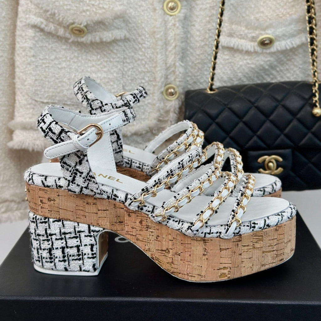 cc leather chain slingback sandal white black calfskin