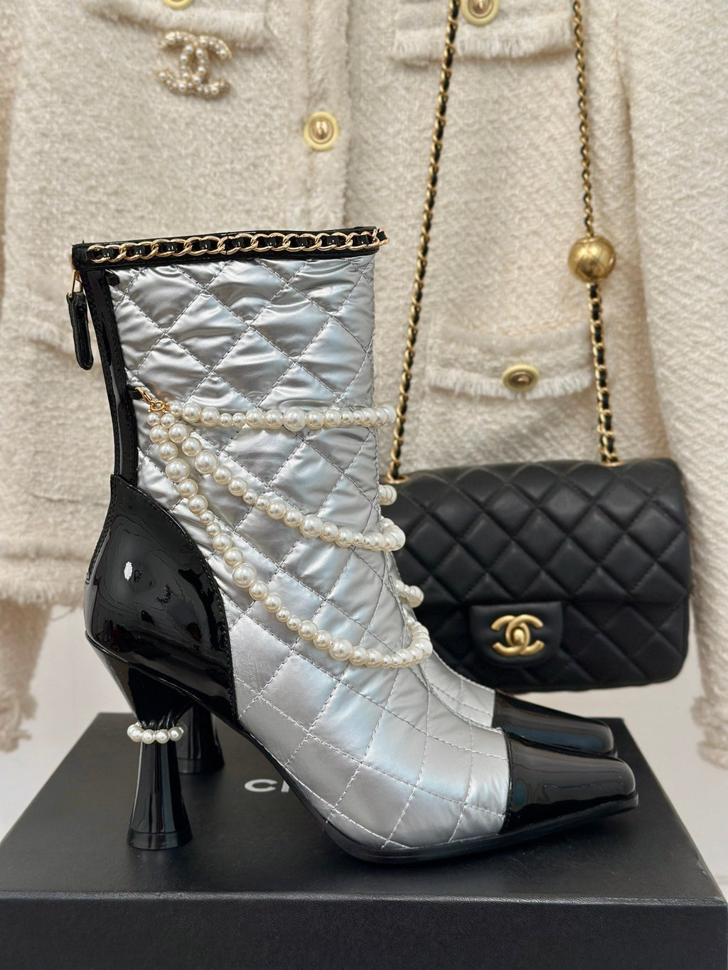 CC Short Boots 80mm Silver Wrinkled Quilted Calfskin
