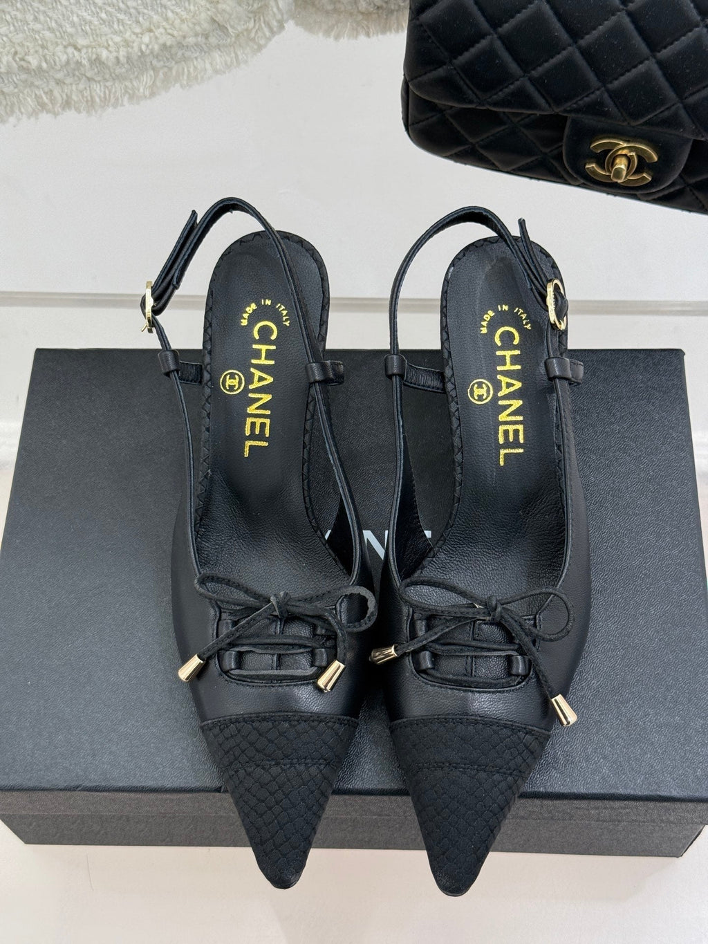 CC 25C Bowknot Slingback Sandal 60mm Black Sheepskin Black Grosgrain 265655