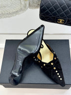 CC 25C Bowknot Pointed High Heel Half Slippers 60mm Black Suede 265657