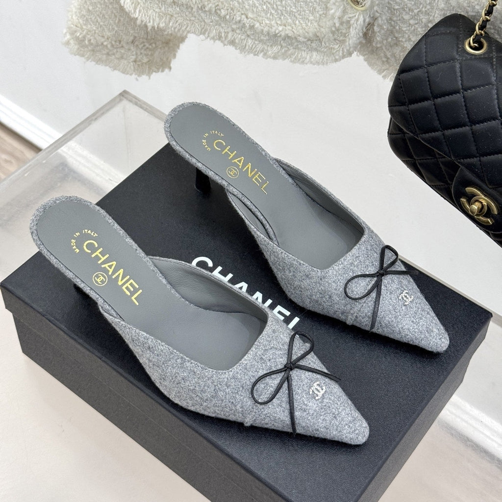 CC 25C Bowknot Pointed High Heel Half Slippers 60mm Grey Linen 265661