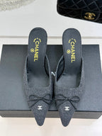 CC 25C Bowknot Pointed High Heel Half Slippers 60mm Black Linen 265662