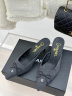 CC 25C Bowknot Pointed High Heel Half Slippers 60mm Black Linen 265662