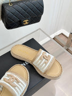 CC Mesh Hollow Chain Double C Thick-Soled Slippers 20mm Beige White 265644