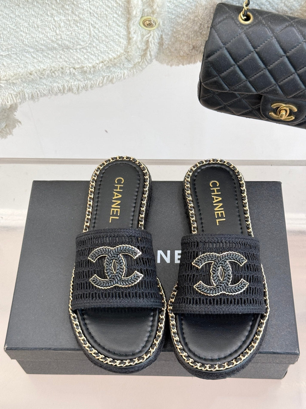CC Mesh Hollow Chain Double C Thick-Soled Slippers 20mm Black 265647