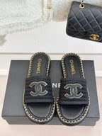 CC Mesh Hollow Chain Double C Thick-Soled Slippers 20mm Black 265647