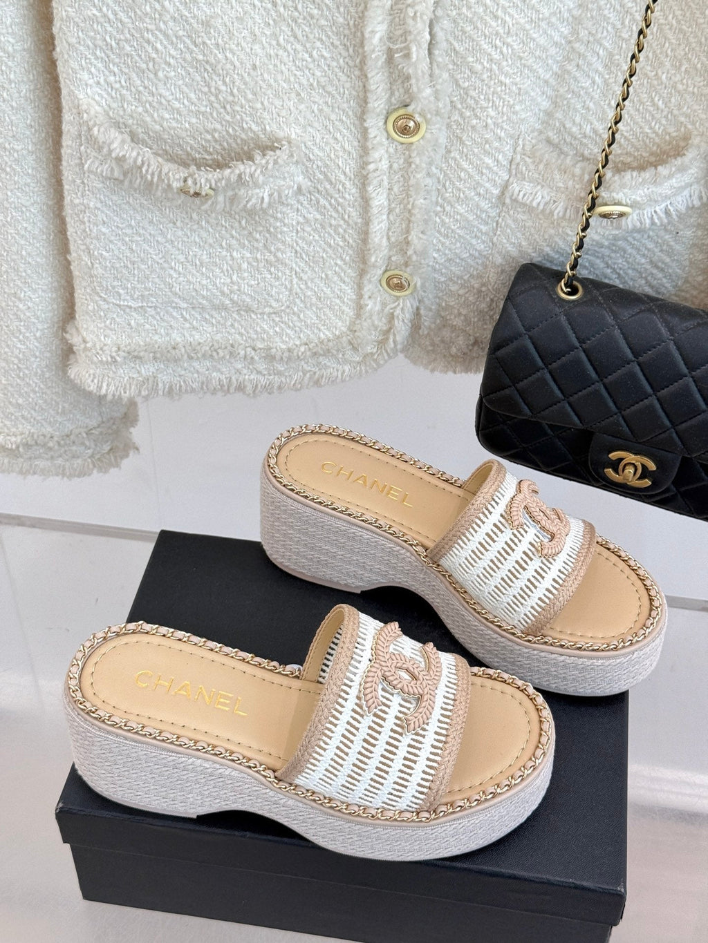CC Mesh Hollow Chain Double C Thick-Soled Slippers 70mm Beige White 265648