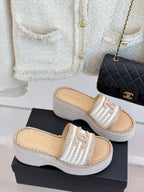 CC Mesh Hollow Chain Double C Thick-Soled Slippers 70mm Beige White 265648