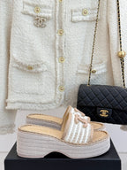 CC Mesh Hollow Chain Double C Thick-Soled Slippers 70mm Beige White 265648