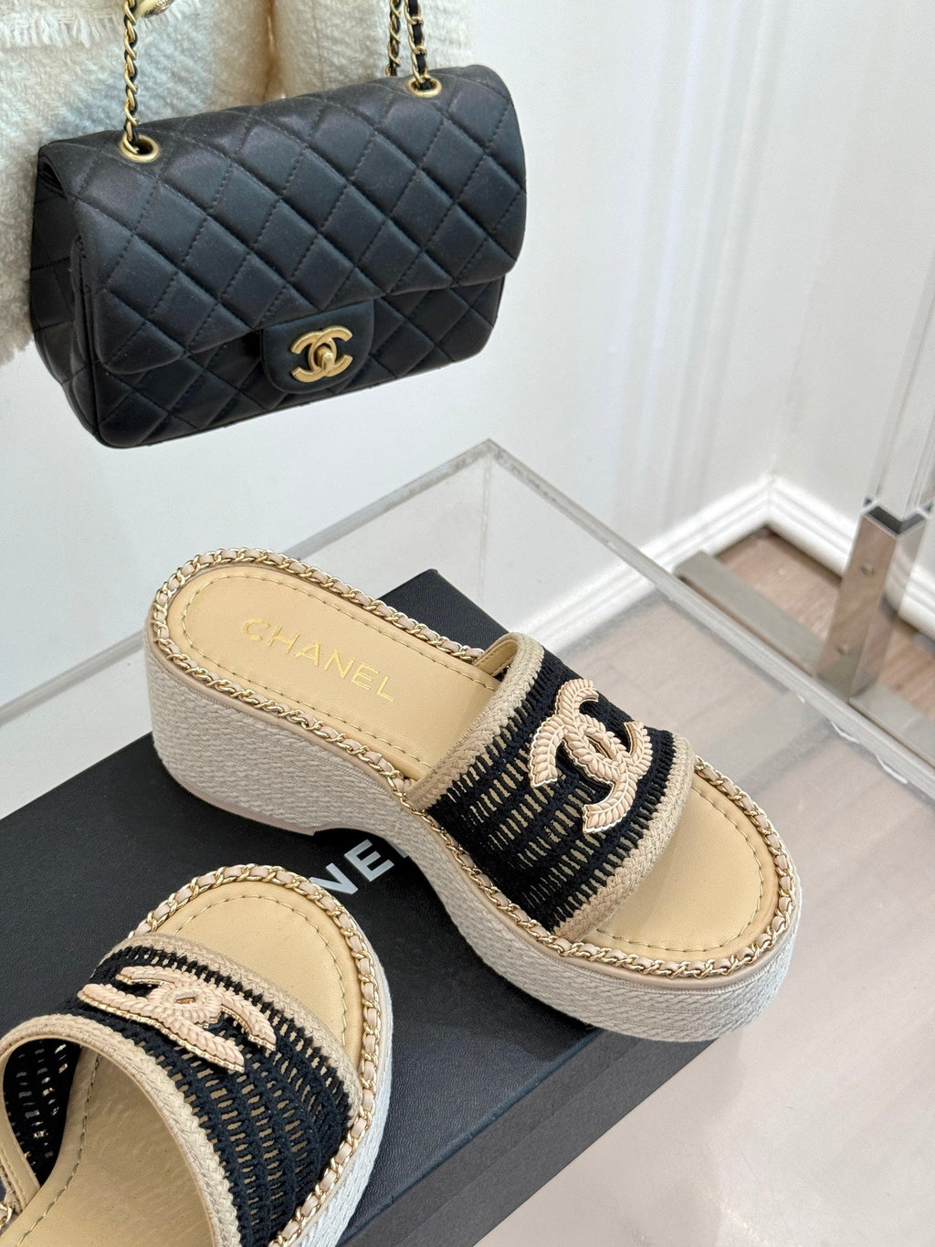CC Mesh Hollow Chain Double C Thick-Soled Slippers 70mm Beige Black 265650