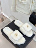 Chanel 25 Buckle Flip-up Thick-soled Slippers White Wool 465383